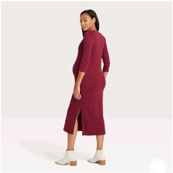 NEW The Nines by Hatch Ribbed Jersey Knit Maternity Dress Midi 3/4 Slv Wine Sz L - Picture 2 of 7